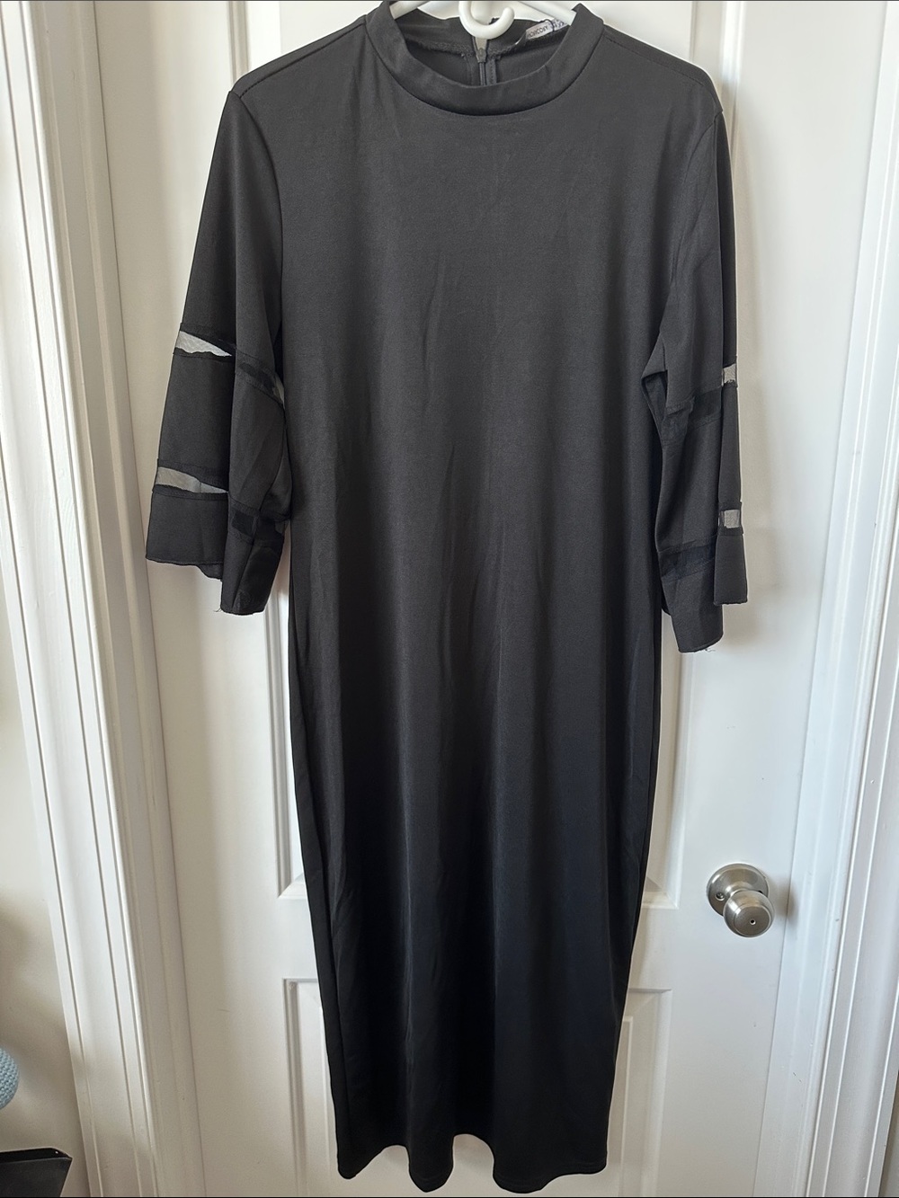 Black Midi Dress with Sheer Sleeve Stripes